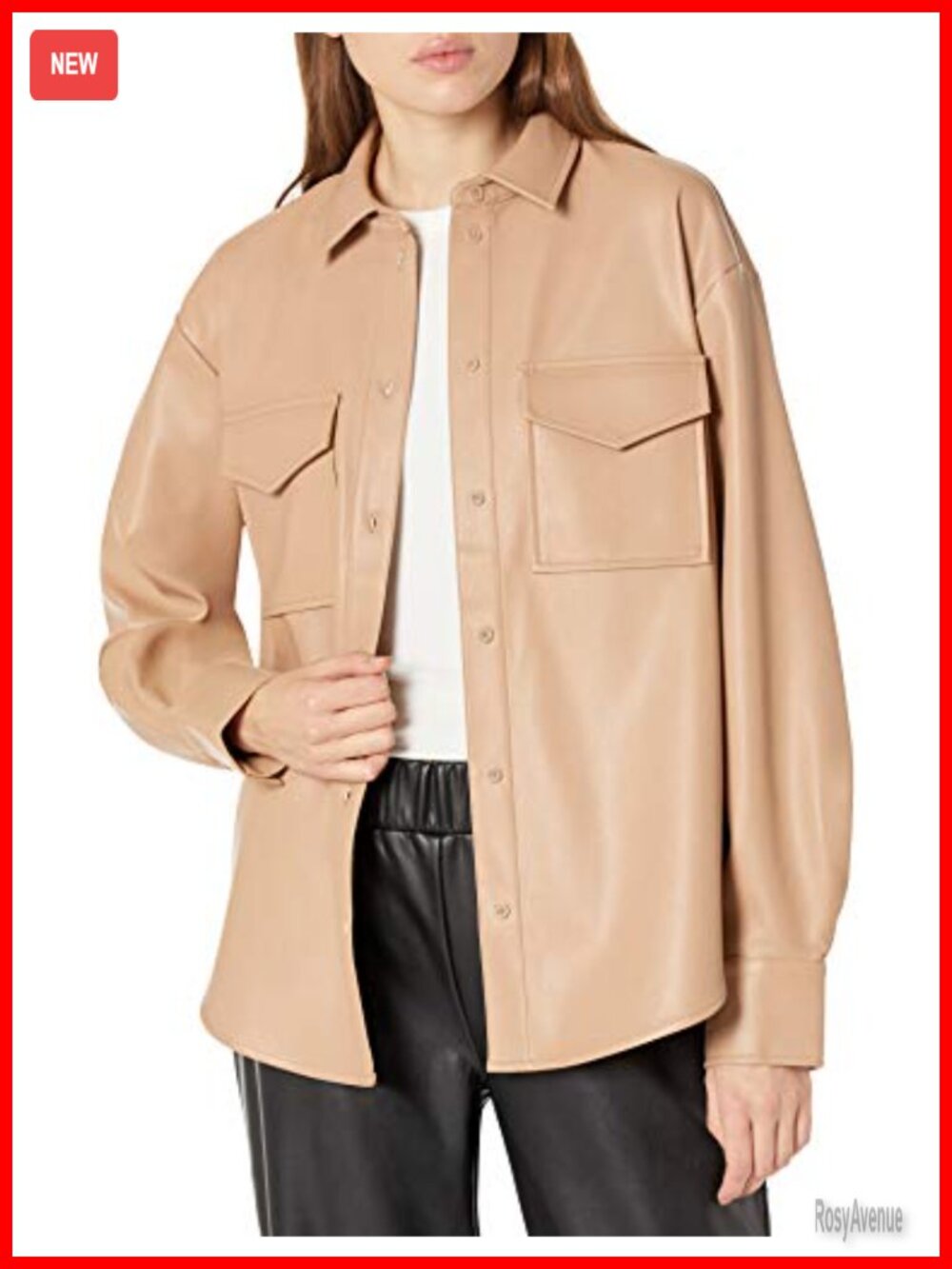 Faux Leather Long Shirt Jacket Loose Fit Collared Button